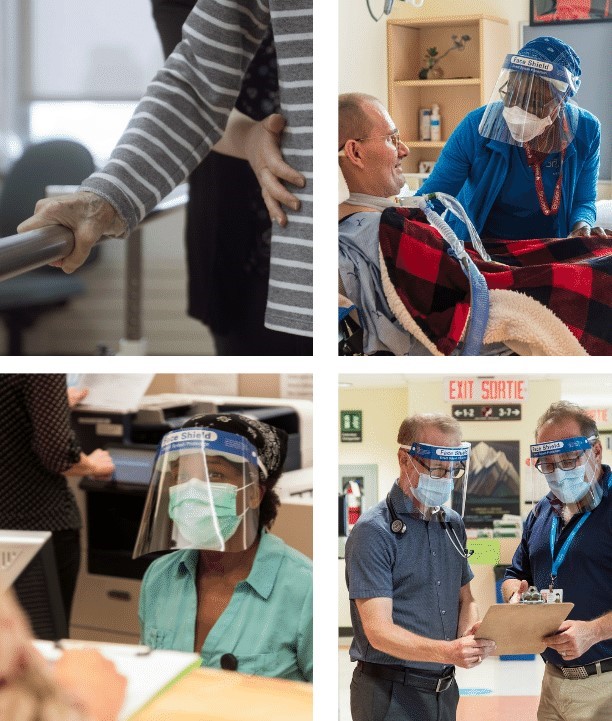 Four photos os patients receiving care and health care staff working